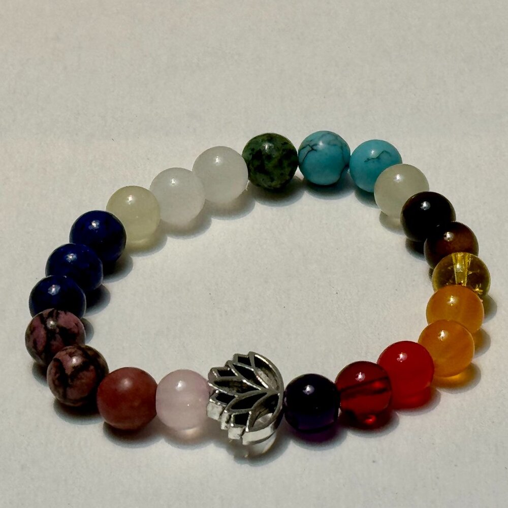Colorful Beaded With Silver Yoga Flower -Stretchy-